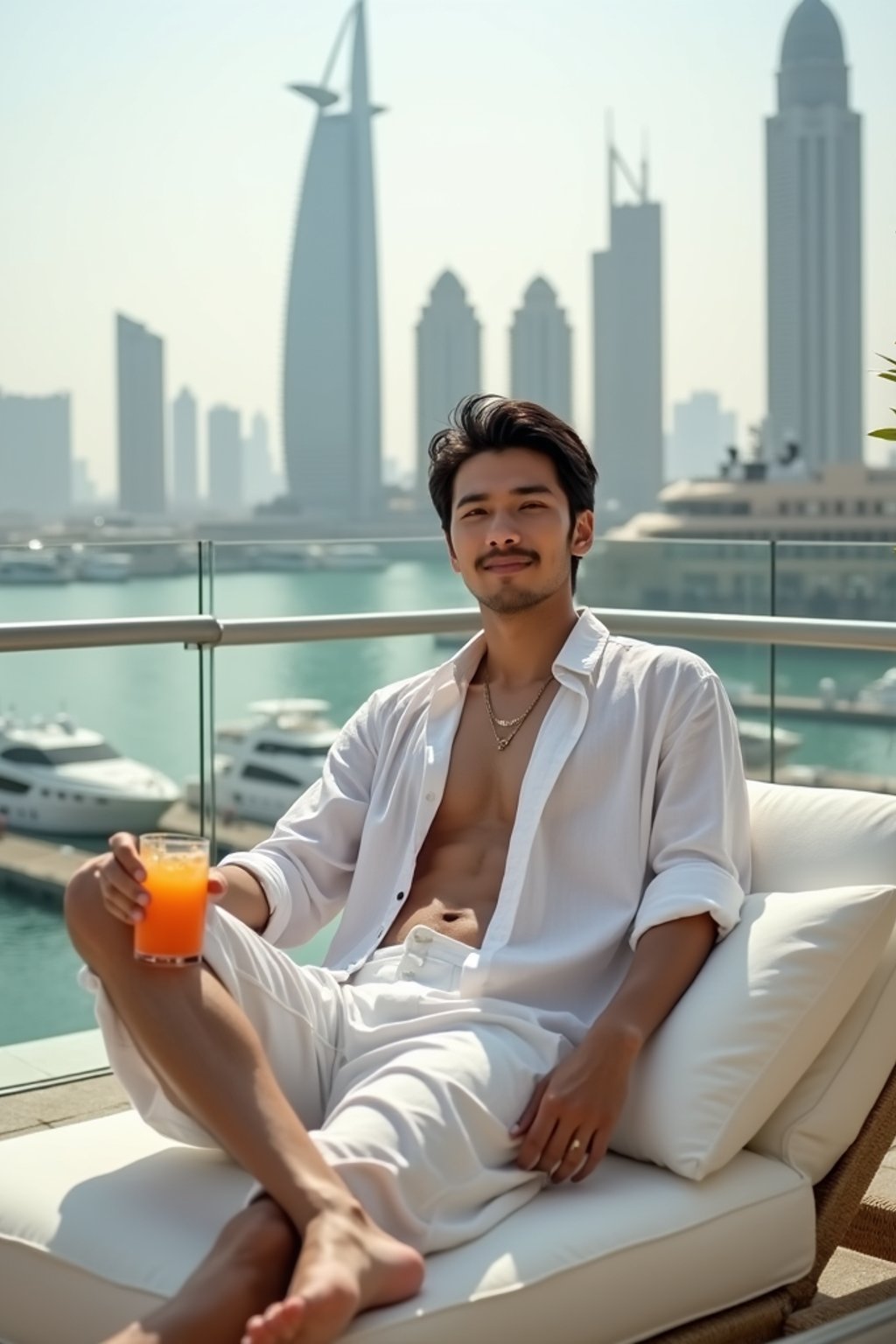 man lounging on a luxurious rooftop terrace overlooking a marina and a modern city skyline. The man is wearing  white loose linen attire, casually holding a tropical drink in one hand. The setting includes yachts in the marina below, tall skyscrapers in the distance, and soft daylight creating a serene and elegant atmosphere. Cinematic framing focuses on the relaxed pose and stunning urban backdrop of Dubai.