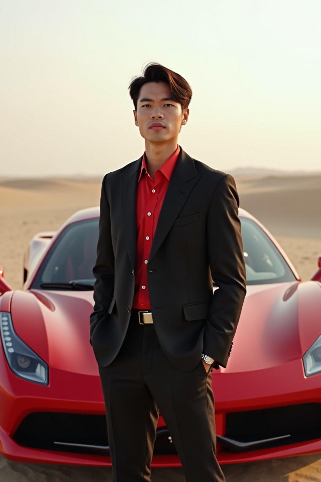 full-body shot of a confident man standing next to a red luxury ferrari sports car in a desert setting.