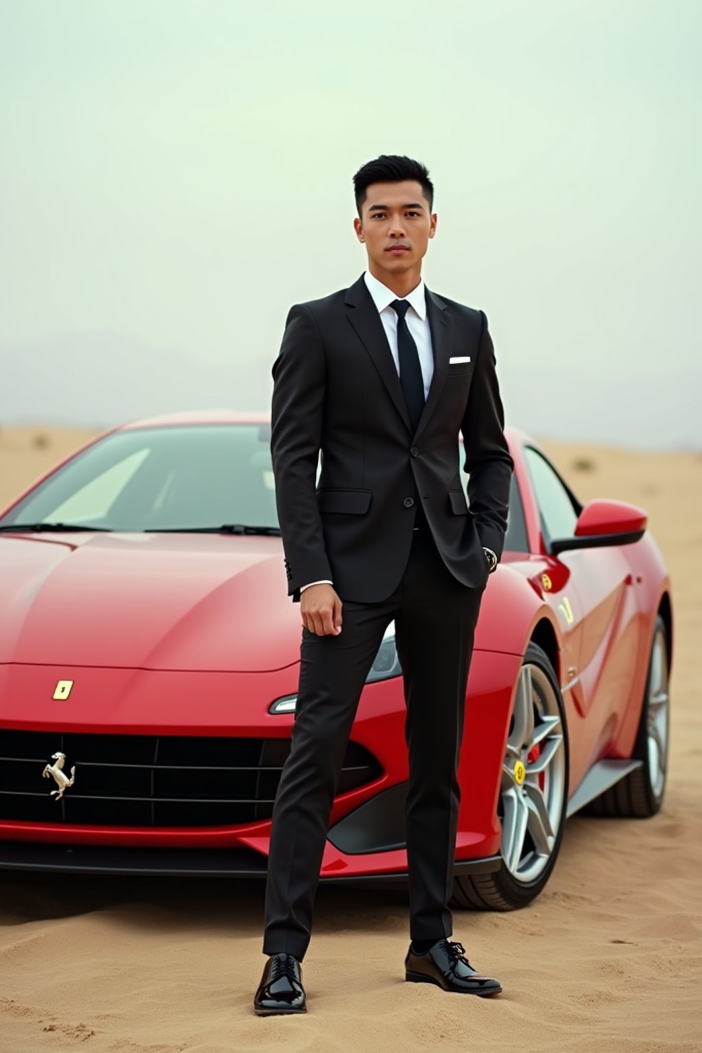full-body shot of a confident man standing next to a red luxury ferrari sports car in a desert setting.