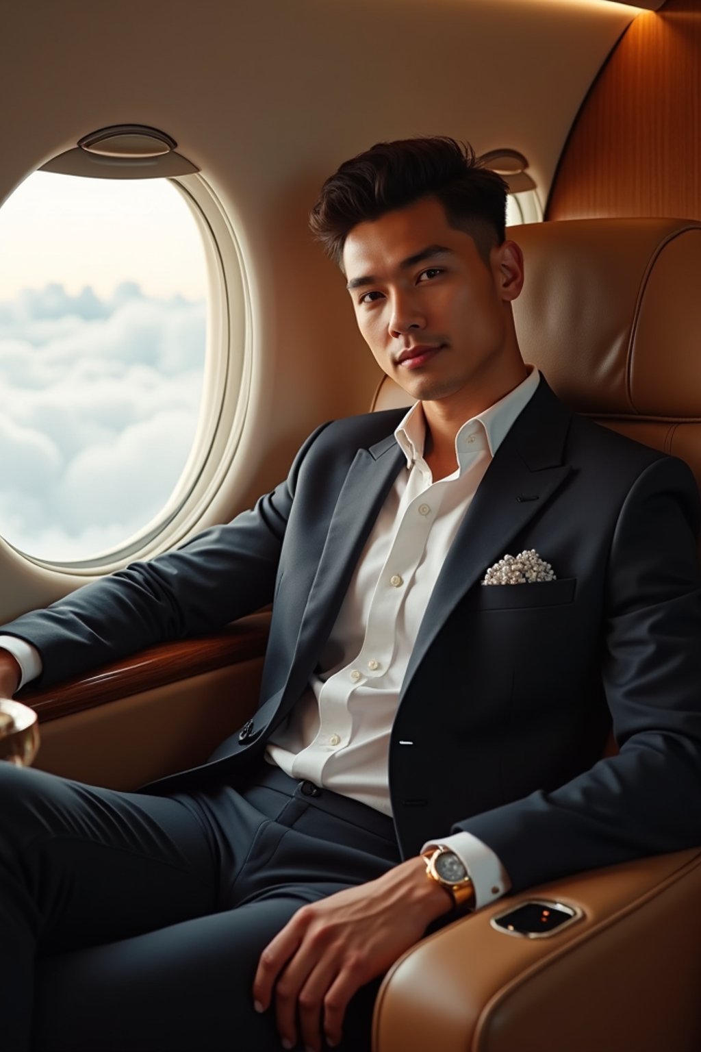 beautiful influencer instagram man wearing elegant clothes sitting in private jet cabin, with leather interior, luxurious. champagne is on the table. outside is clouds because we are flying.