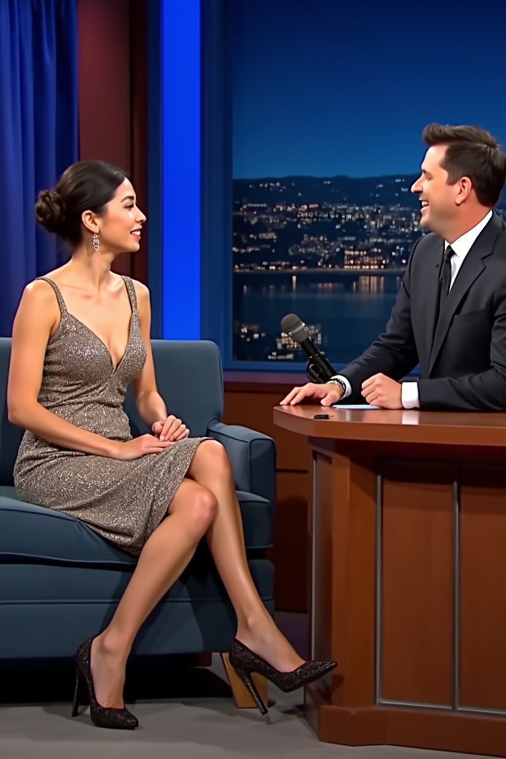 Full-body shot of a famous woman sitting on the guest couch at a late-night talk show. The woman is dressed in a glamorous designer evening gown with elegant heels . The host sits behind a wooden desk, smiling and engaged in conversation. The background features the signature blue curtains, the late night show logo, and the glowing New York City skyline.