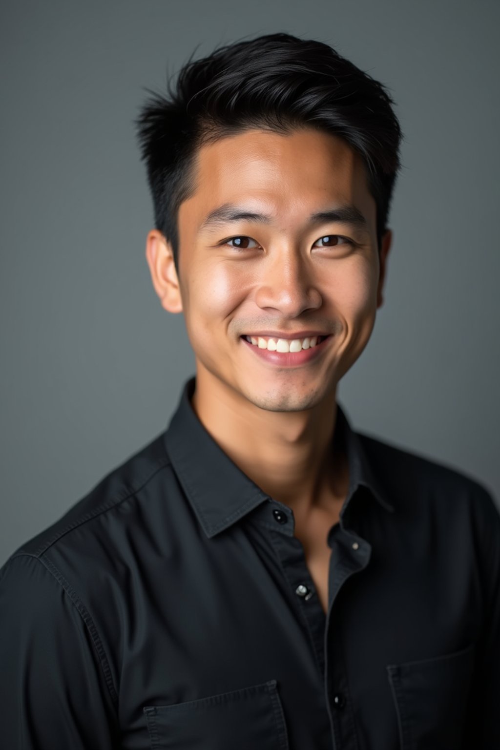 A professional actor headshot of a confident man, taken in a well-lit studio with a plain backdrop. The man is dressed in  a fitted dark-colored shirt with neatly styled hair. The lighting is soft and even, highlighting their facial features with a natural and approachable expression. The focus is sharp, capturing the man's eyes and subtle smile, creating a perfect headshot for auditions and casting calls.