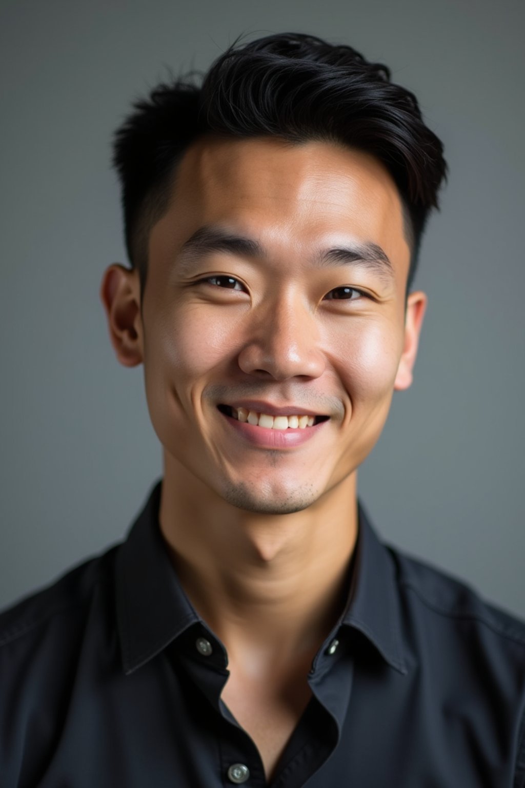 A professional actor headshot of a confident man, taken in a well-lit studio with a plain backdrop. The man is dressed in  a fitted dark-colored shirt with neatly styled hair. The lighting is soft and even, highlighting their facial features with a natural and approachable expression. The focus is sharp, capturing the man's eyes and subtle smile, creating a perfect headshot for auditions and casting calls.