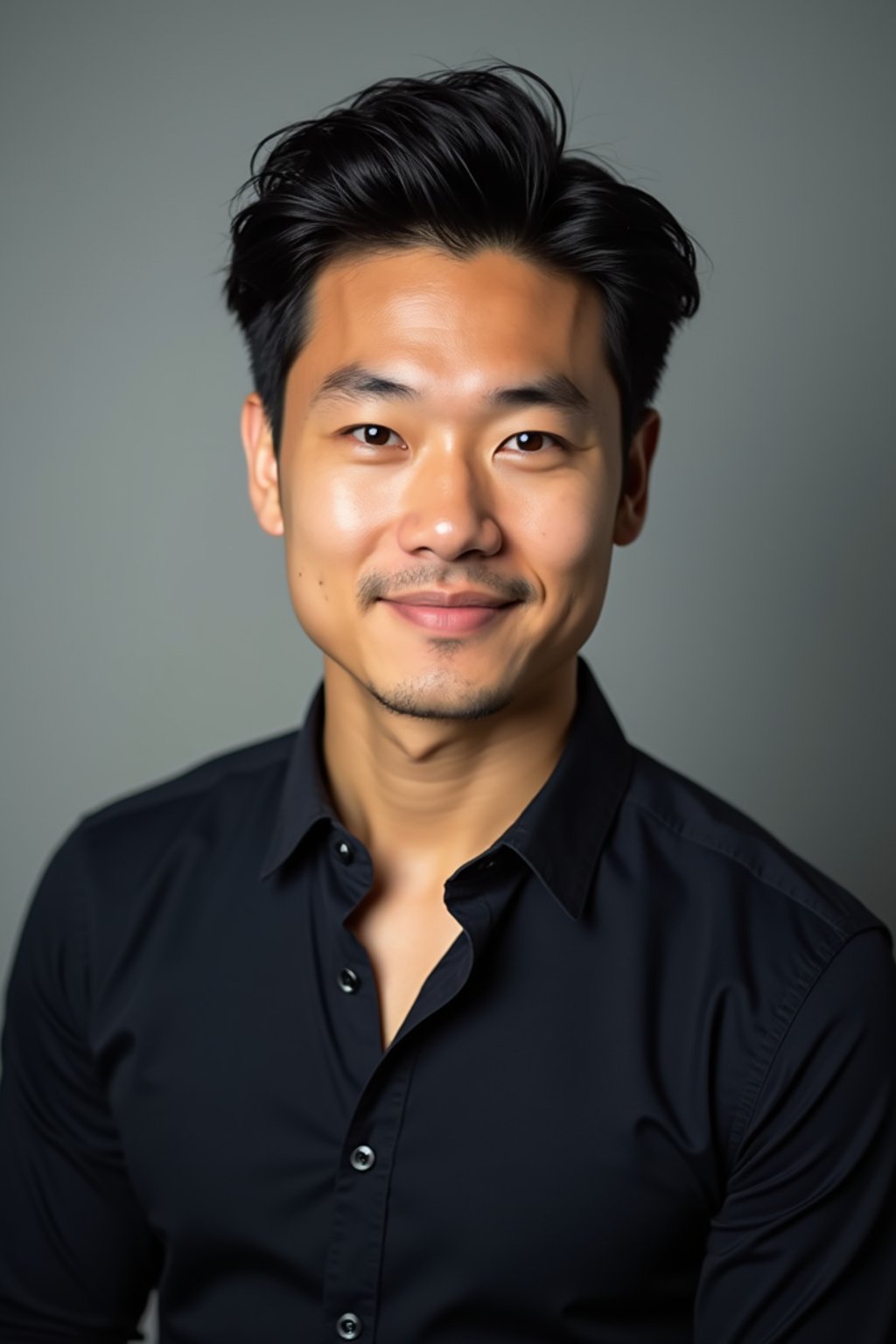 A professional actor headshot of a confident man, taken in a well-lit studio with a plain backdrop. The man is dressed in  a fitted dark-colored shirt with neatly styled hair. The lighting is soft and even, highlighting their facial features with a natural and approachable expression. The focus is sharp, capturing the man's eyes and subtle smile, creating a perfect headshot for auditions and casting calls.