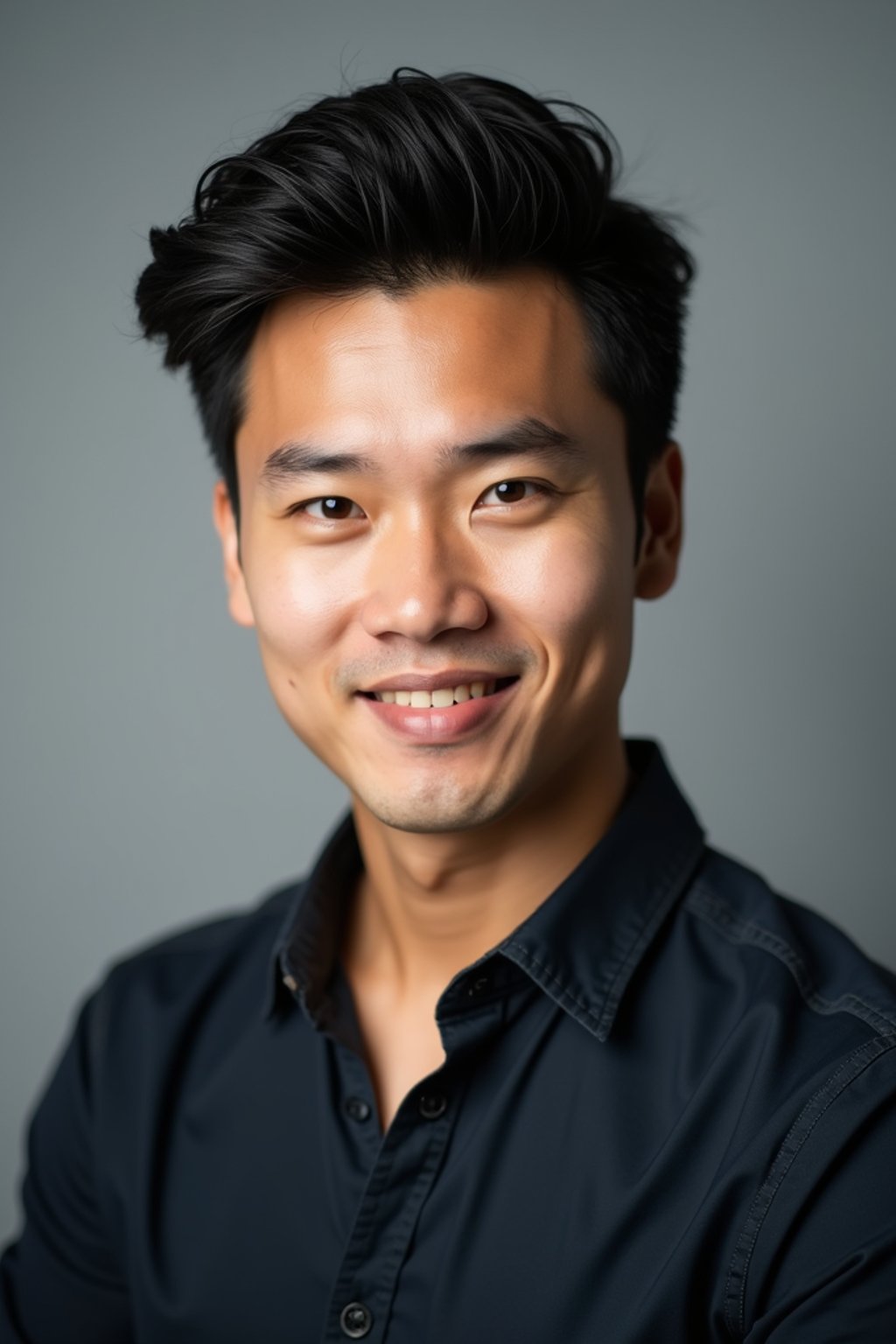A professional actor headshot of a confident man, taken in a well-lit studio with a plain backdrop. The man is dressed in  a fitted dark-colored shirt with neatly styled hair. The lighting is soft and even, highlighting their facial features with a natural and approachable expression. The focus is sharp, capturing the man's eyes and subtle smile, creating a perfect headshot for auditions and casting calls.