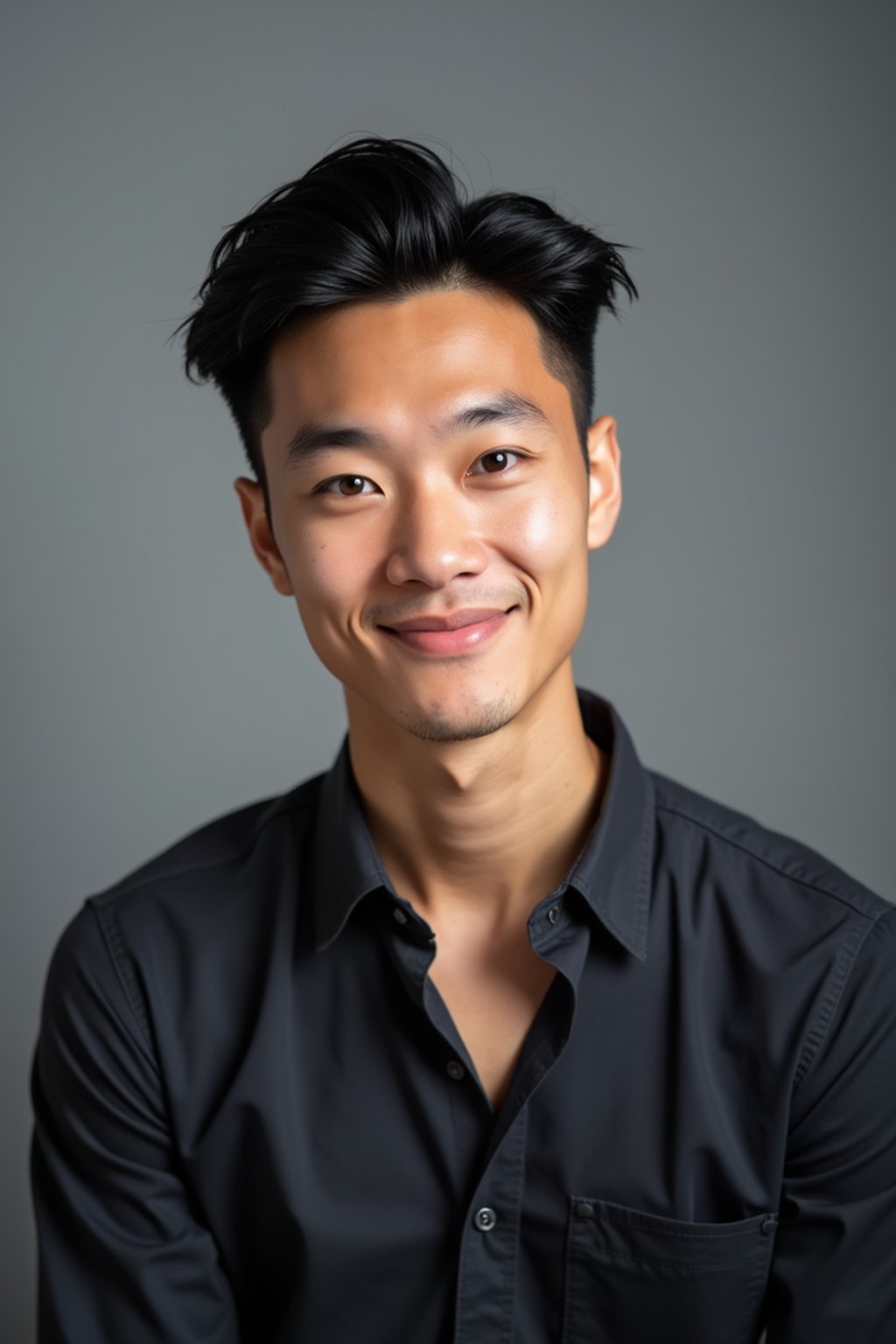 A professional actor headshot of a confident man, taken in a well-lit studio with a plain backdrop. The man is dressed in  a fitted dark-colored shirt with neatly styled hair. The lighting is soft and even, highlighting their facial features with a natural and approachable expression. The focus is sharp, capturing the man's eyes and subtle smile, creating a perfect headshot for auditions and casting calls.