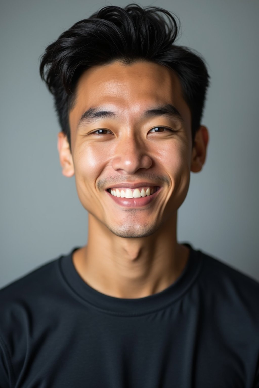 A professional actor headshot of a confident man, taken in a well-lit studio with a plain backdrop. The man is dressed in  a fitted dark-colored shirt with neatly styled hair. The lighting is soft and even, highlighting their facial features with a natural and approachable expression. The focus is sharp, capturing the man's eyes and subtle smile, creating a perfect headshot for auditions and casting calls.