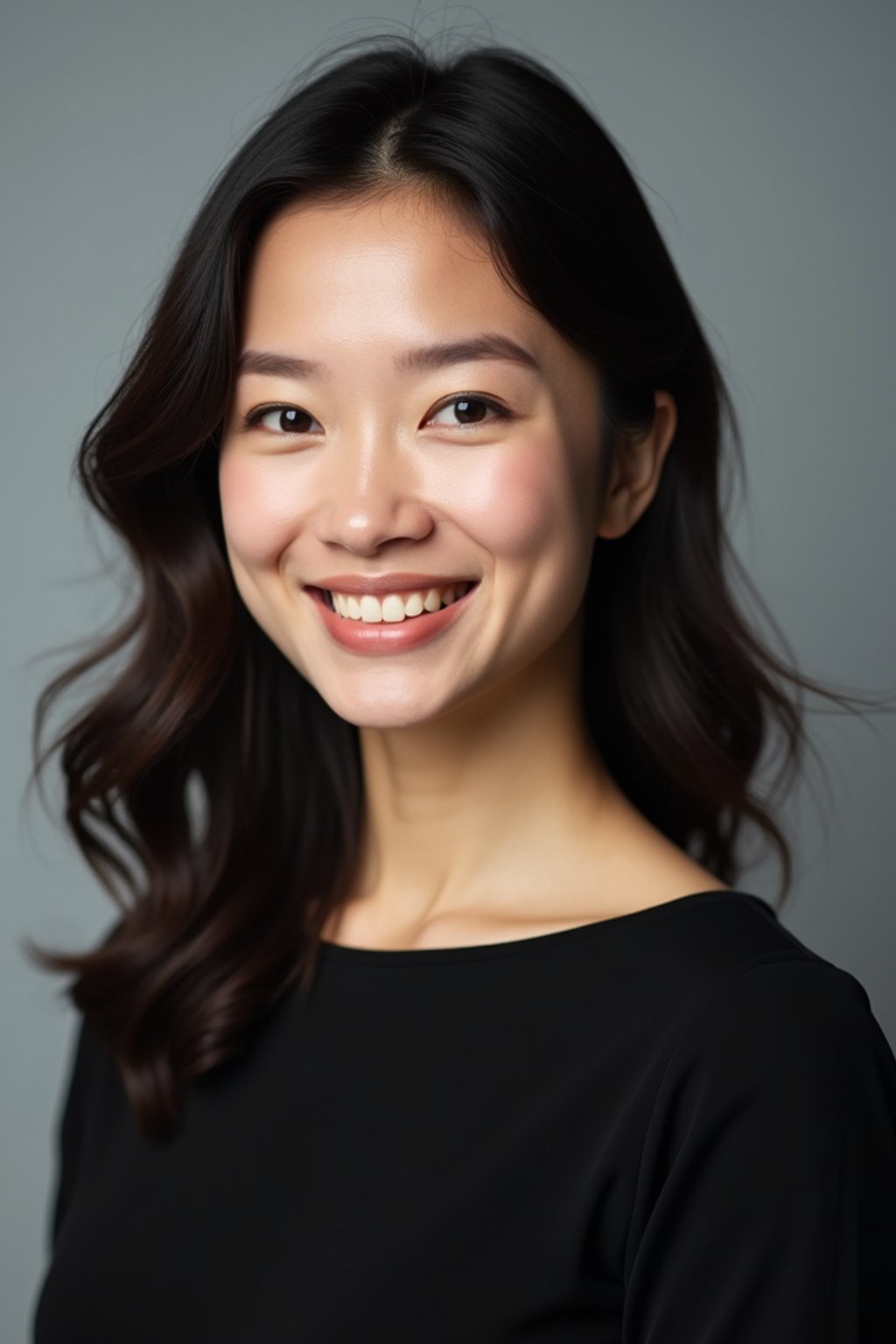 A professional actor headshot of a confident woman, taken in a well-lit studio with a plain backdrop. The woman is dressed in a simple, elegant black top with natural makeup and soft curls . The lighting is soft and even, highlighting their facial features with a natural and approachable expression. The focus is sharp, capturing the woman's eyes and subtle smile, creating a perfect headshot for auditions and casting calls.