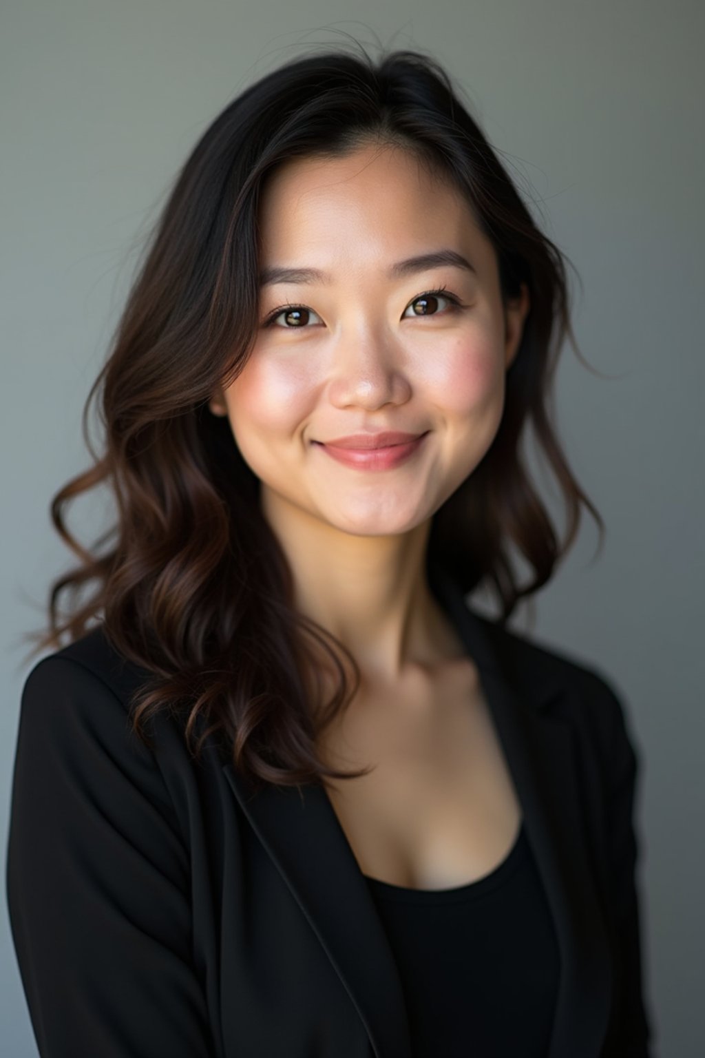 A professional actor headshot of a confident woman, taken in a well-lit studio with a plain backdrop. The woman is dressed in a simple, elegant black top with natural makeup and soft curls . The lighting is soft and even, highlighting their facial features with a natural and approachable expression. The focus is sharp, capturing the woman's eyes and subtle smile, creating a perfect headshot for auditions and casting calls.