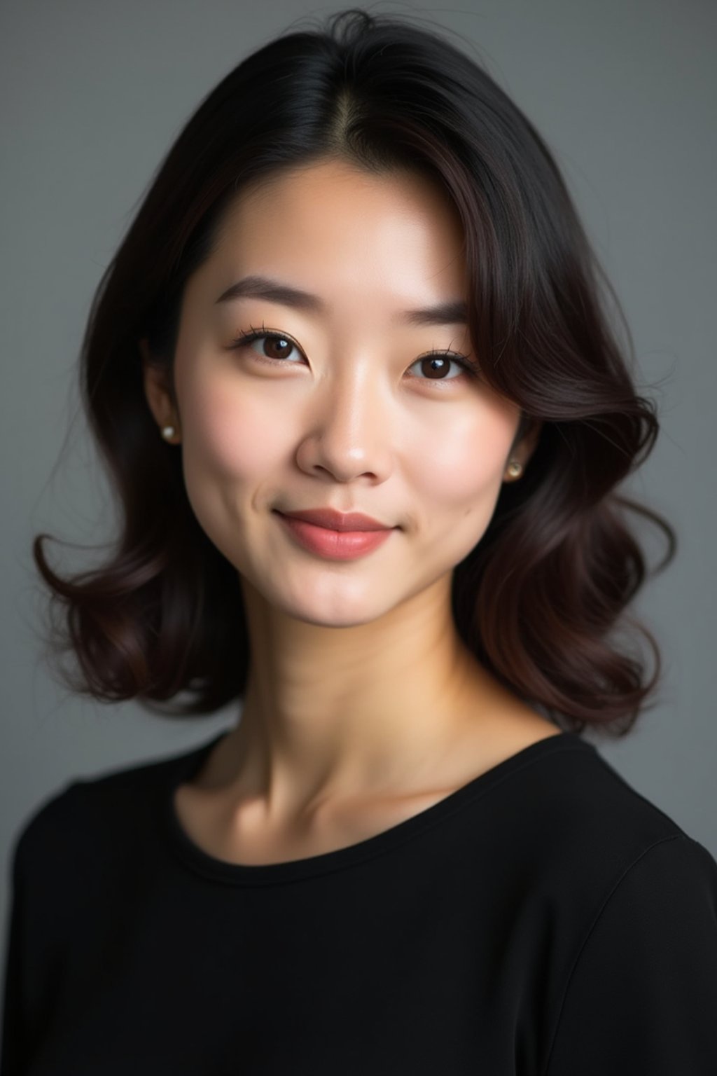 A professional actor headshot of a confident woman, taken in a well-lit studio with a plain backdrop. The woman is dressed in a simple, elegant black top with natural makeup and soft curls . The lighting is soft and even, highlighting their facial features with a natural and approachable expression. The focus is sharp, capturing the woman's eyes and subtle smile, creating a perfect headshot for auditions and casting calls.