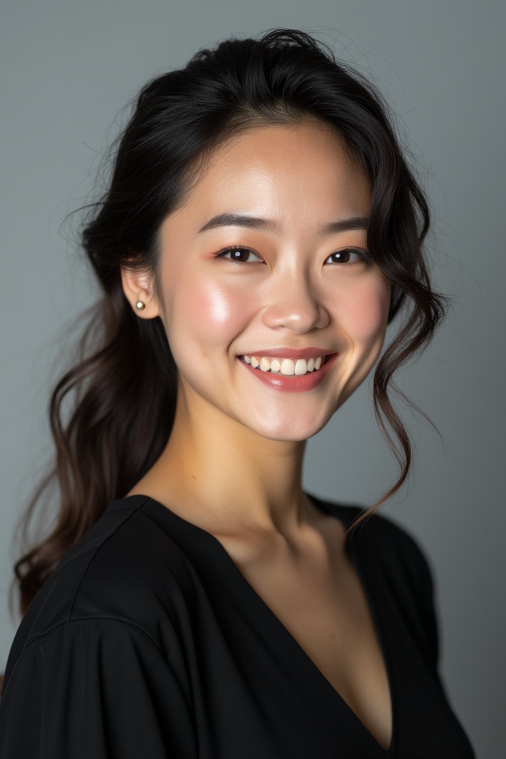 A professional actor headshot of a confident woman, taken in a well-lit studio with a plain backdrop. The woman is dressed in a simple, elegant black top with natural makeup and soft curls . The lighting is soft and even, highlighting their facial features with a natural and approachable expression. The focus is sharp, capturing the woman's eyes and subtle smile, creating a perfect headshot for auditions and casting calls.