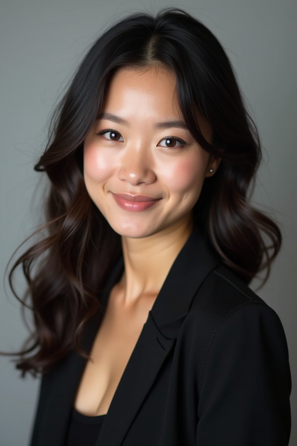 A professional actor headshot of a confident woman, taken in a well-lit studio with a plain backdrop. The woman is dressed in a simple, elegant black top with natural makeup and soft curls . The lighting is soft and even, highlighting their facial features with a natural and approachable expression. The focus is sharp, capturing the woman's eyes and subtle smile, creating a perfect headshot for auditions and casting calls.