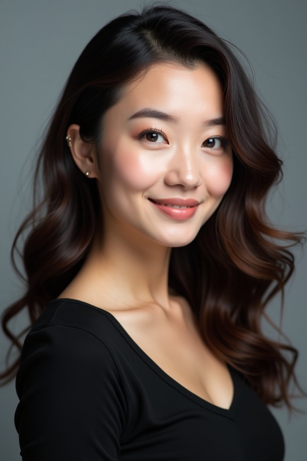 A professional actor headshot of a confident woman, taken in a well-lit studio with a plain backdrop. The woman is dressed in a simple, elegant black top with natural makeup and soft curls . The lighting is soft and even, highlighting their facial features with a natural and approachable expression. The focus is sharp, capturing the woman's eyes and subtle smile, creating a perfect headshot for auditions and casting calls.