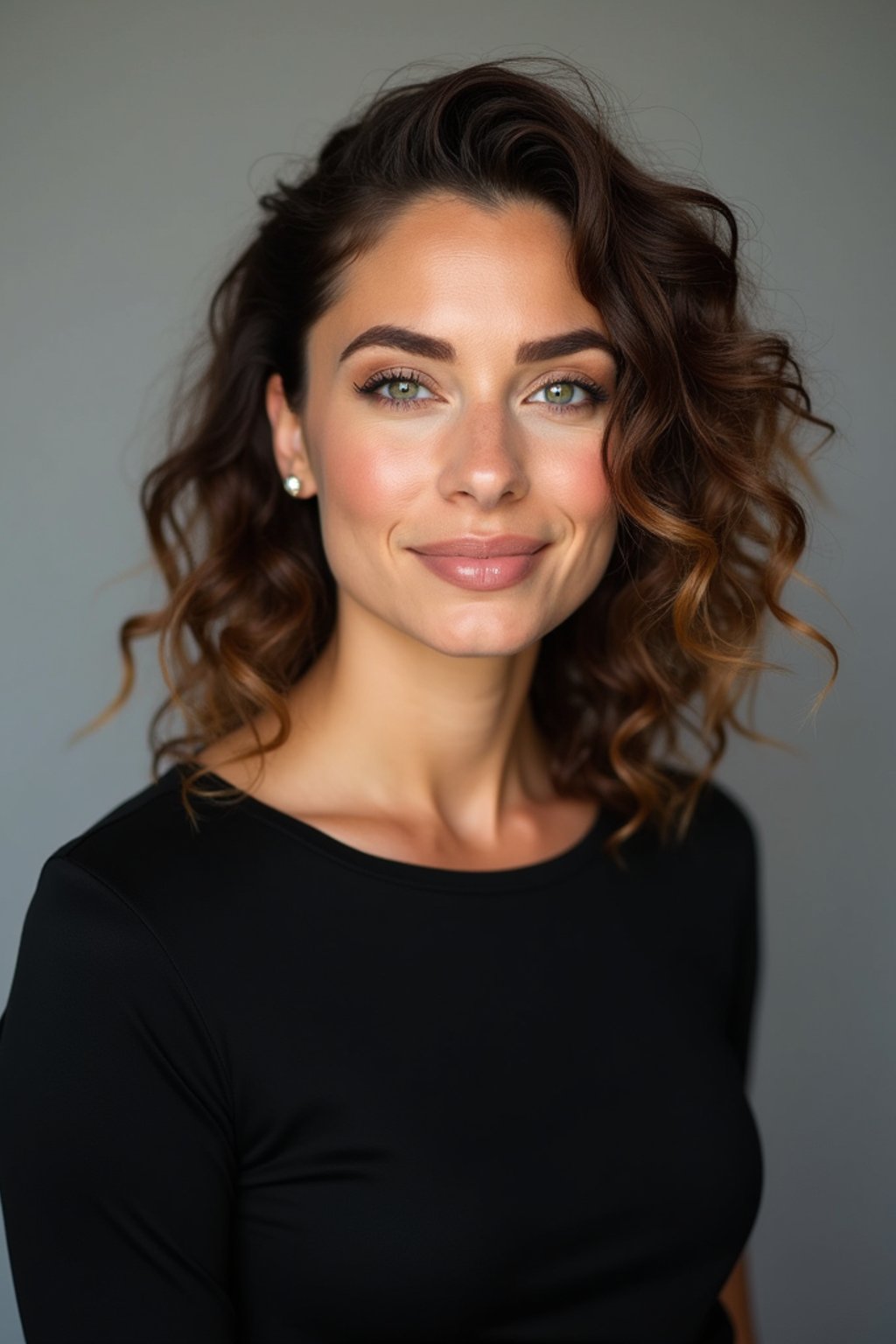 A professional actor headshot of a confident woman, taken in a well-lit studio with a plain backdrop. The woman is dressed in a simple, elegant black top with natural makeup and soft curls . The lighting is soft and even, highlighting their facial features with a natural and approachable expression. The focus is sharp, capturing the woman's eyes and subtle smile, creating a perfect headshot for auditions and casting calls.
