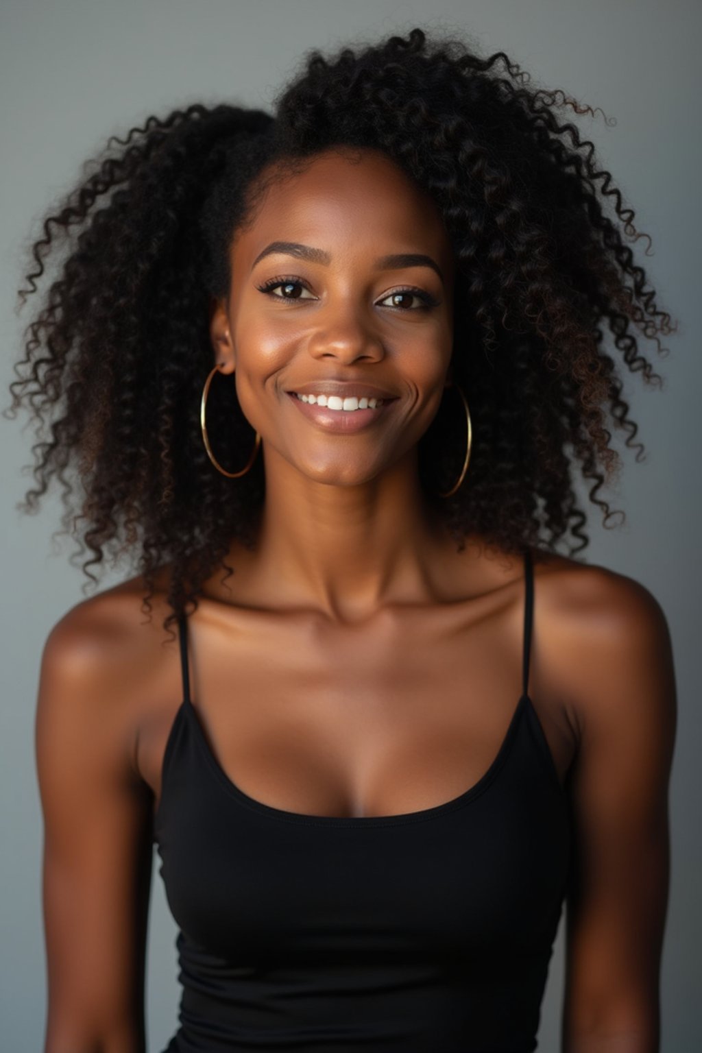 A professional actor headshot of a confident woman, taken in a well-lit studio with a plain backdrop. The woman is dressed in a simple, elegant black top with natural makeup and soft curls . The lighting is soft and even, highlighting their facial features with a natural and approachable expression. The focus is sharp, capturing the woman's eyes and subtle smile, creating a perfect headshot for auditions and casting calls.