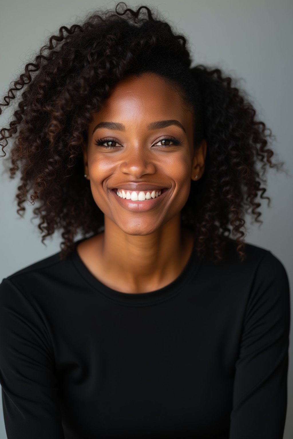 A professional actor headshot of a confident woman, taken in a well-lit studio with a plain backdrop. The woman is dressed in a simple, elegant black top with natural makeup and soft curls . The lighting is soft and even, highlighting their facial features with a natural and approachable expression. The focus is sharp, capturing the woman's eyes and subtle smile, creating a perfect headshot for auditions and casting calls.