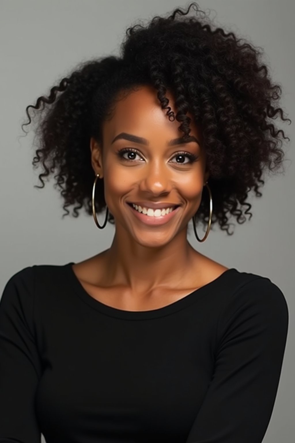 A professional actor headshot of a confident woman, taken in a well-lit studio with a plain backdrop. The woman is dressed in a simple, elegant black top with natural makeup and soft curls . The lighting is soft and even, highlighting their facial features with a natural and approachable expression. The focus is sharp, capturing the woman's eyes and subtle smile, creating a perfect headshot for auditions and casting calls.