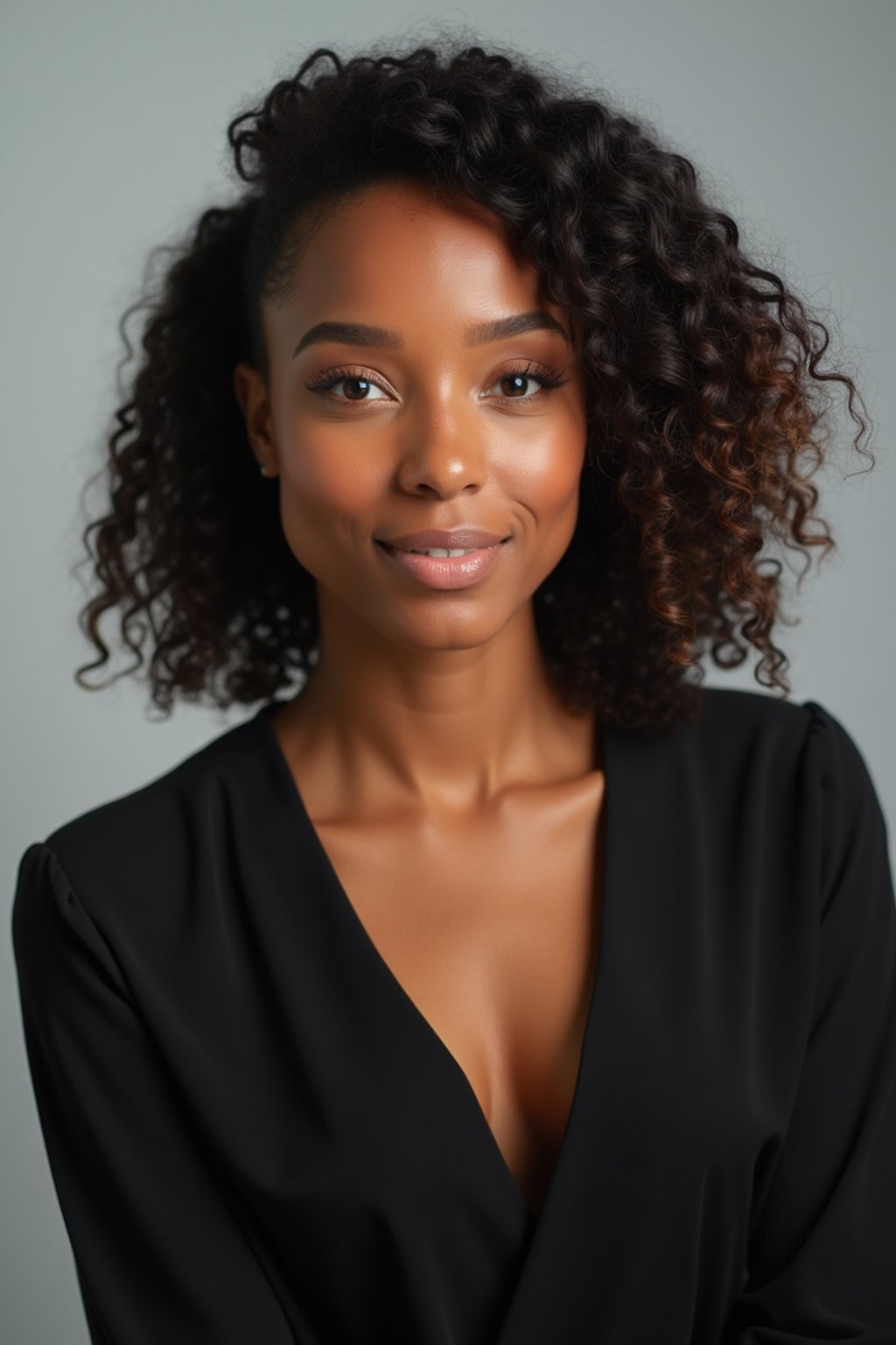 A professional actor headshot of a confident woman, taken in a well-lit studio with a plain backdrop. The woman is dressed in a simple, elegant black top with natural makeup and soft curls . The lighting is soft and even, highlighting their facial features with a natural and approachable expression. The focus is sharp, capturing the woman's eyes and subtle smile, creating a perfect headshot for auditions and casting calls.