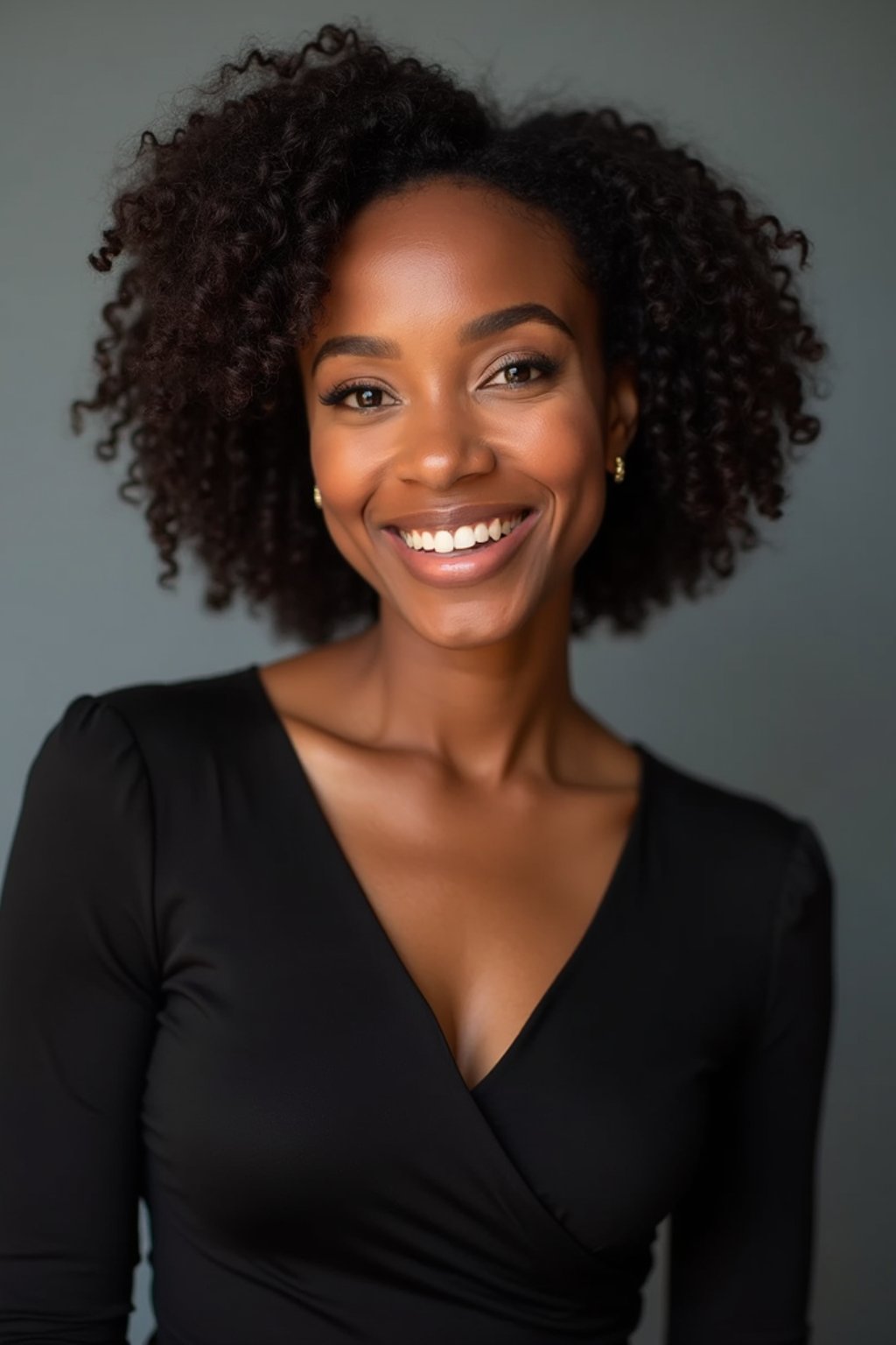 A professional actor headshot of a confident woman, taken in a well-lit studio with a plain backdrop. The woman is dressed in a simple, elegant black top with natural makeup and soft curls . The lighting is soft and even, highlighting their facial features with a natural and approachable expression. The focus is sharp, capturing the woman's eyes and subtle smile, creating a perfect headshot for auditions and casting calls.