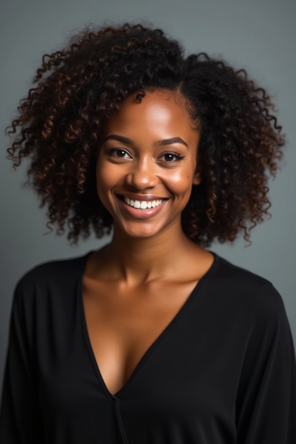 A professional actor headshot of a confident woman, taken in a well-lit studio with a plain backdrop. The woman is dressed in a simple, elegant black top with natural makeup and soft curls . The lighting is soft and even, highlighting their facial features with a natural and approachable expression. The focus is sharp, capturing the woman's eyes and subtle smile, creating a perfect headshot for auditions and casting calls.