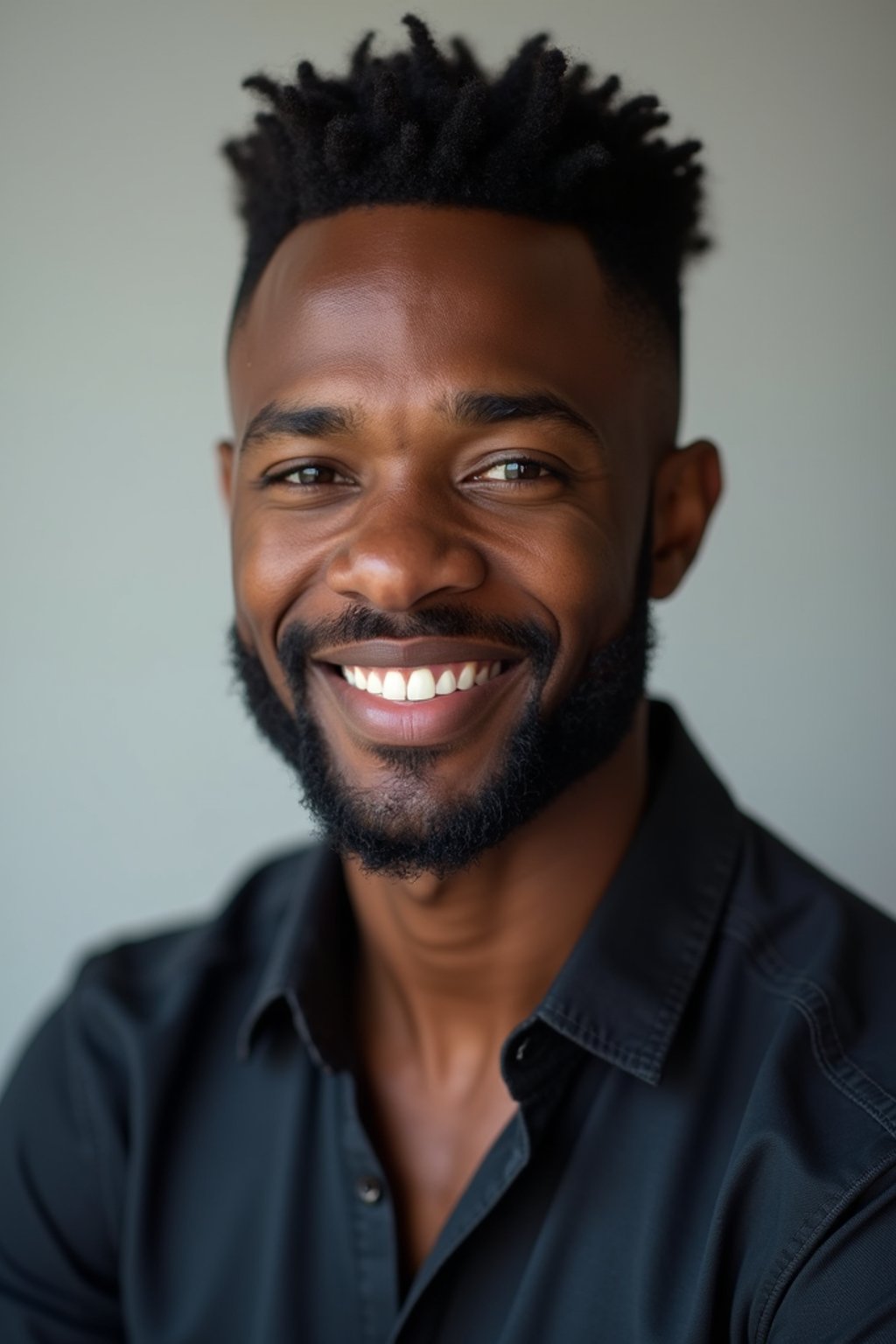 A professional actor headshot of a confident man, taken in a well-lit studio with a plain backdrop. The man is dressed in  a fitted dark-colored shirt with neatly styled hair. The lighting is soft and even, highlighting their facial features with a natural and approachable expression. The focus is sharp, capturing the man's eyes and subtle smile, creating a perfect headshot for auditions and casting calls.