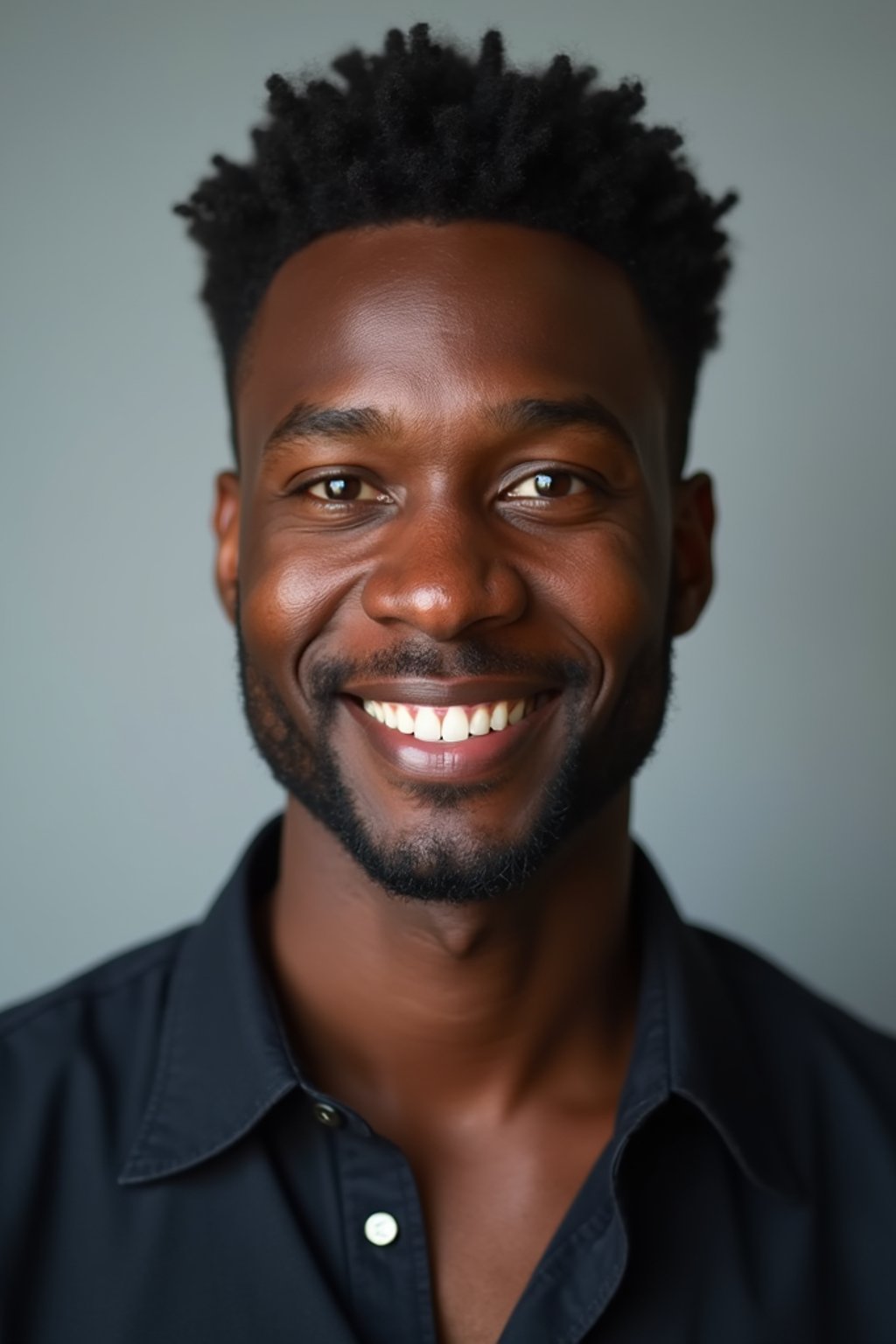 A professional actor headshot of a confident man, taken in a well-lit studio with a plain backdrop. The man is dressed in  a fitted dark-colored shirt with neatly styled hair. The lighting is soft and even, highlighting their facial features with a natural and approachable expression. The focus is sharp, capturing the man's eyes and subtle smile, creating a perfect headshot for auditions and casting calls.