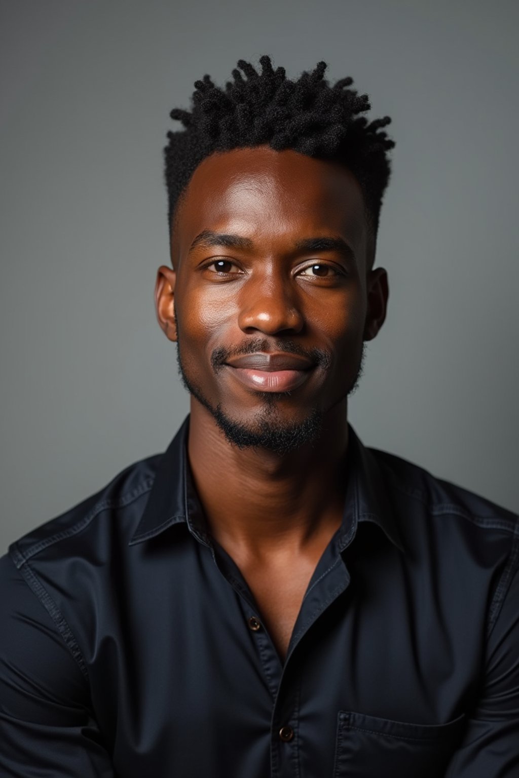 A professional actor headshot of a confident man, taken in a well-lit studio with a plain backdrop. The man is dressed in  a fitted dark-colored shirt with neatly styled hair. The lighting is soft and even, highlighting their facial features with a natural and approachable expression. The focus is sharp, capturing the man's eyes and subtle smile, creating a perfect headshot for auditions and casting calls.