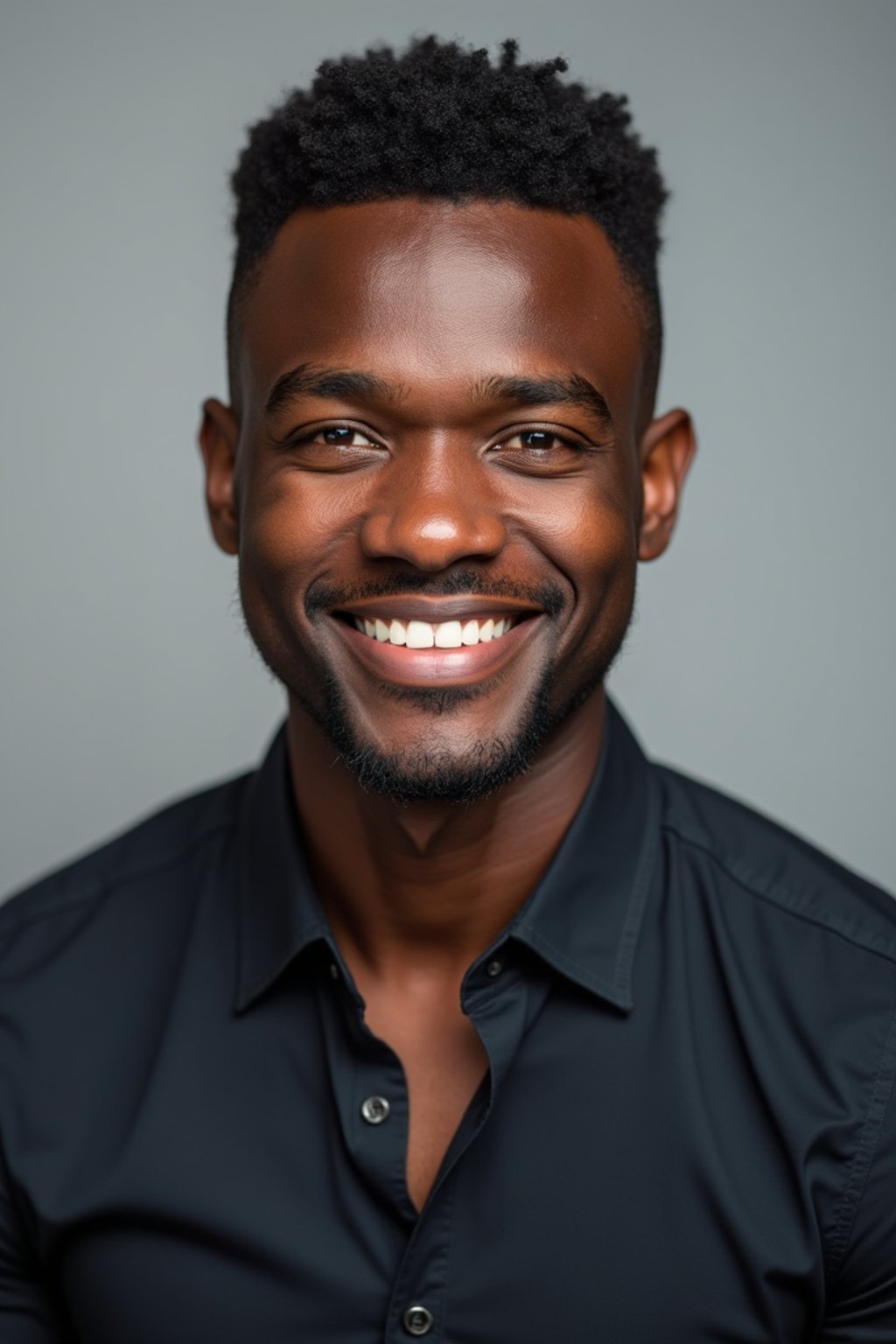 A professional actor headshot of a confident man, taken in a well-lit studio with a plain backdrop. The man is dressed in  a fitted dark-colored shirt with neatly styled hair. The lighting is soft and even, highlighting their facial features with a natural and approachable expression. The focus is sharp, capturing the man's eyes and subtle smile, creating a perfect headshot for auditions and casting calls.