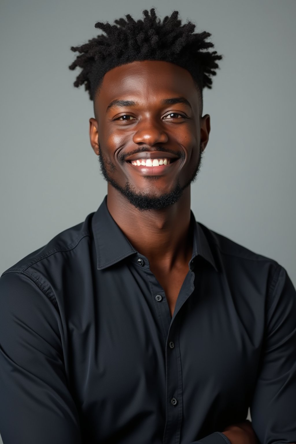 A professional actor headshot of a confident man, taken in a well-lit studio with a plain backdrop. The man is dressed in  a fitted dark-colored shirt with neatly styled hair. The lighting is soft and even, highlighting their facial features with a natural and approachable expression. The focus is sharp, capturing the man's eyes and subtle smile, creating a perfect headshot for auditions and casting calls.
