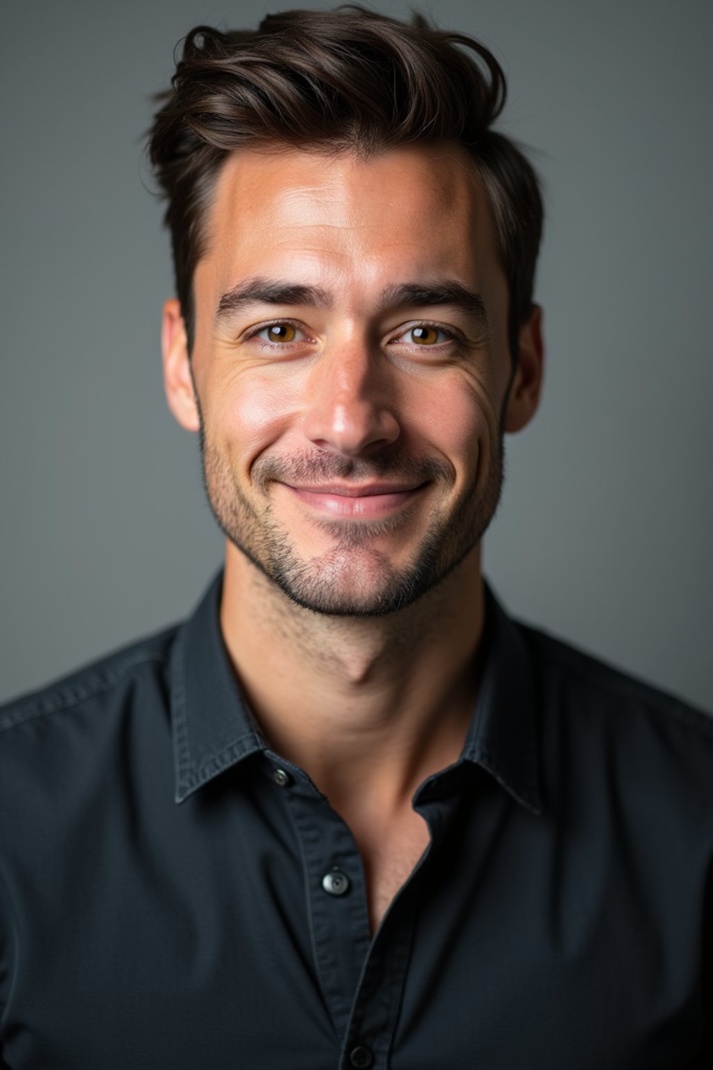 A professional actor headshot of a confident man, taken in a well-lit studio with a plain backdrop. The man is dressed in  a fitted dark-colored shirt with neatly styled hair. The lighting is soft and even, highlighting their facial features with a natural and approachable expression. The focus is sharp, capturing the man's eyes and subtle smile, creating a perfect headshot for auditions and casting calls.