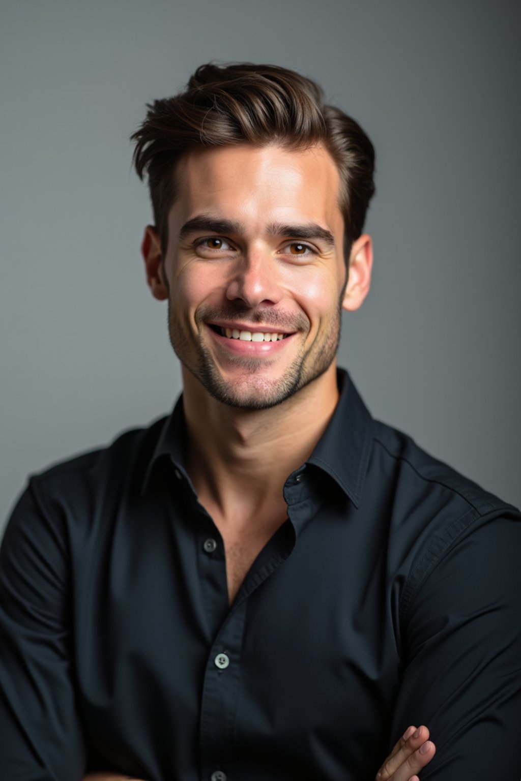 A professional actor headshot of a confident man, taken in a well-lit studio with a plain backdrop. The man is dressed in  a fitted dark-colored shirt with neatly styled hair. The lighting is soft and even, highlighting their facial features with a natural and approachable expression. The focus is sharp, capturing the man's eyes and subtle smile, creating a perfect headshot for auditions and casting calls.