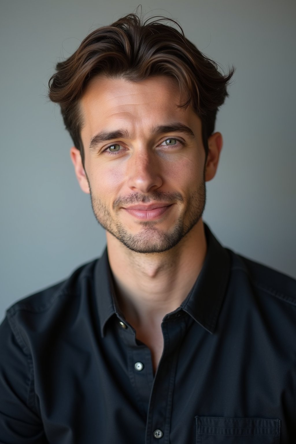 A professional actor headshot of a confident man, taken in a well-lit studio with a plain backdrop. The man is dressed in  a fitted dark-colored shirt with neatly styled hair. The lighting is soft and even, highlighting their facial features with a natural and approachable expression. The focus is sharp, capturing the man's eyes and subtle smile, creating a perfect headshot for auditions and casting calls.