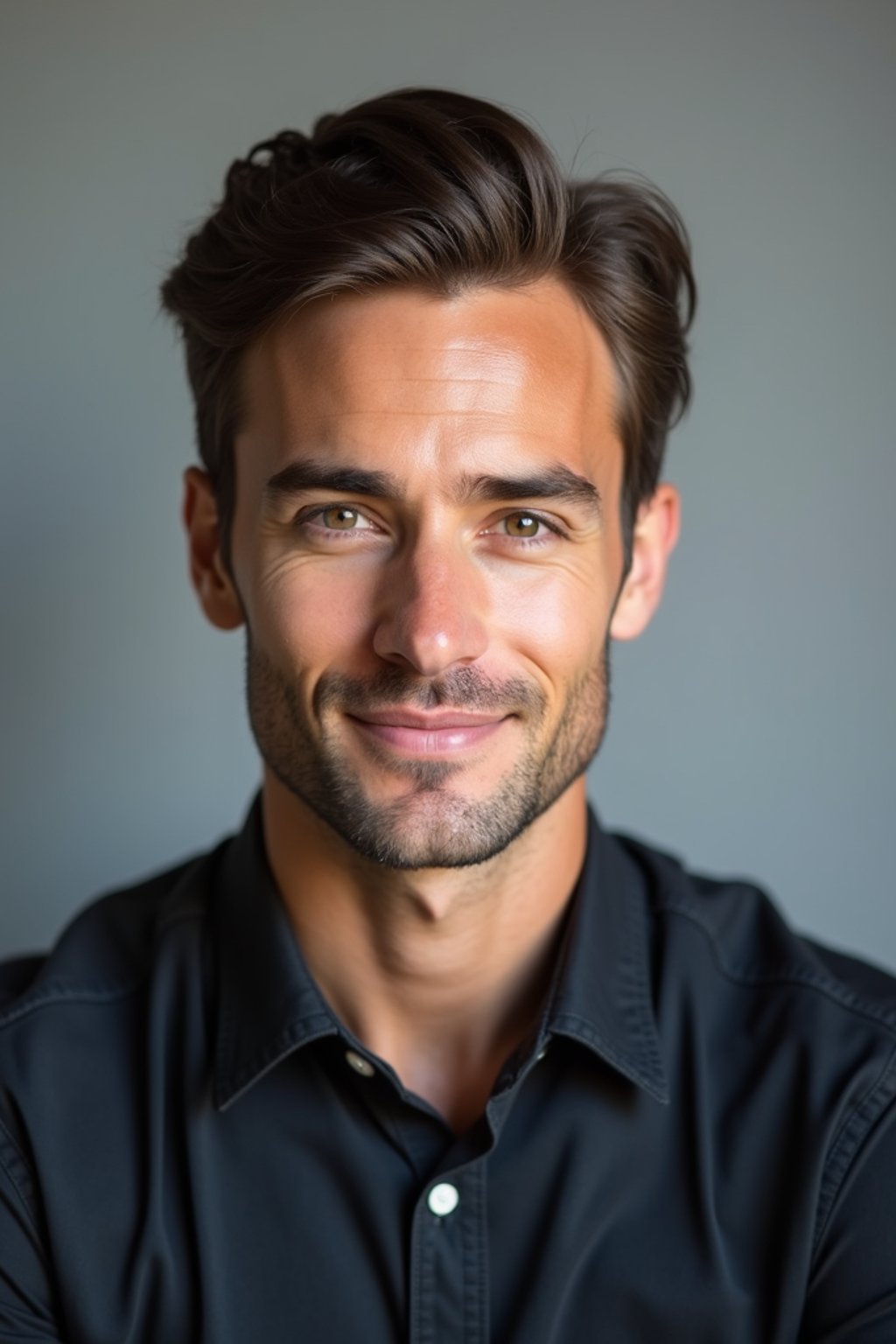 A professional actor headshot of a confident man, taken in a well-lit studio with a plain backdrop. The man is dressed in  a fitted dark-colored shirt with neatly styled hair. The lighting is soft and even, highlighting their facial features with a natural and approachable expression. The focus is sharp, capturing the man's eyes and subtle smile, creating a perfect headshot for auditions and casting calls.
