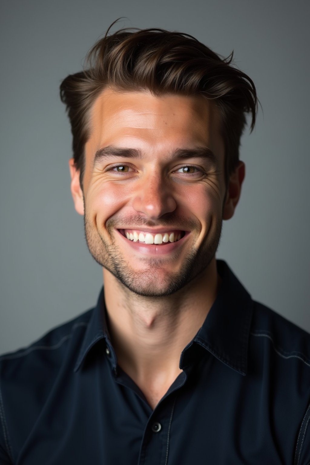 A professional actor headshot of a confident man, taken in a well-lit studio with a plain backdrop. The man is dressed in  a fitted dark-colored shirt with neatly styled hair. The lighting is soft and even, highlighting their facial features with a natural and approachable expression. The focus is sharp, capturing the man's eyes and subtle smile, creating a perfect headshot for auditions and casting calls.