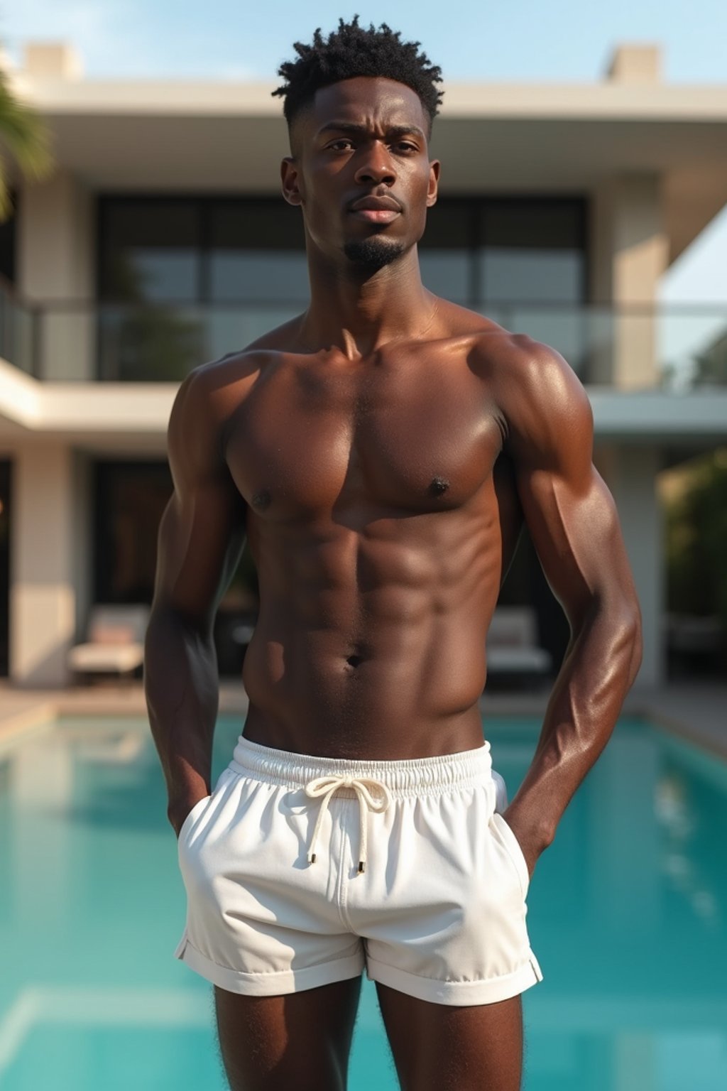 full body photo of man wearing  swim shorts in front of luxury design villa