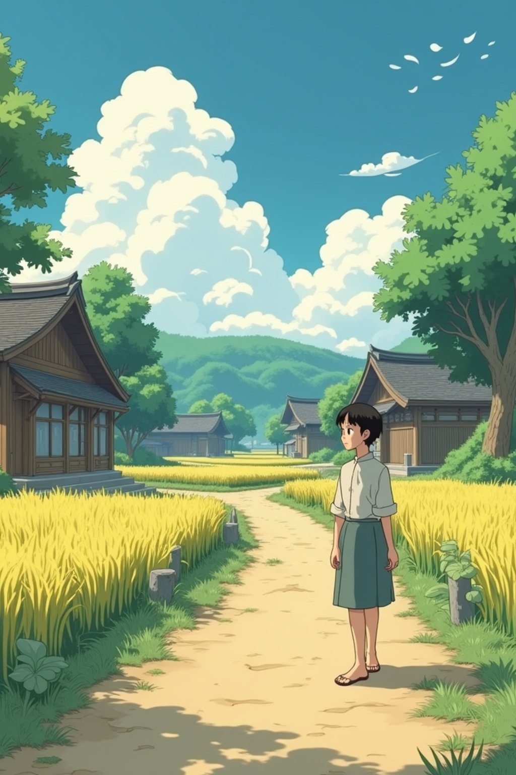 A serene line art anime-style scene in a Japanese countryside. The path winds between traditional wooden houses and rice fields, with fluffy white clouds drifting overhead. Magical dust spirits dance in the warm sunlight that filters through the trees. In the foreground, a gentle character stands thoughtfully, wearing  light countryside clothes with rolled-up sleeves. The character has a kind expression, watching the spirits play. The scene captures the peaceful magic of everyday life, painted in soft, warm colors typical of Studio line art anime.