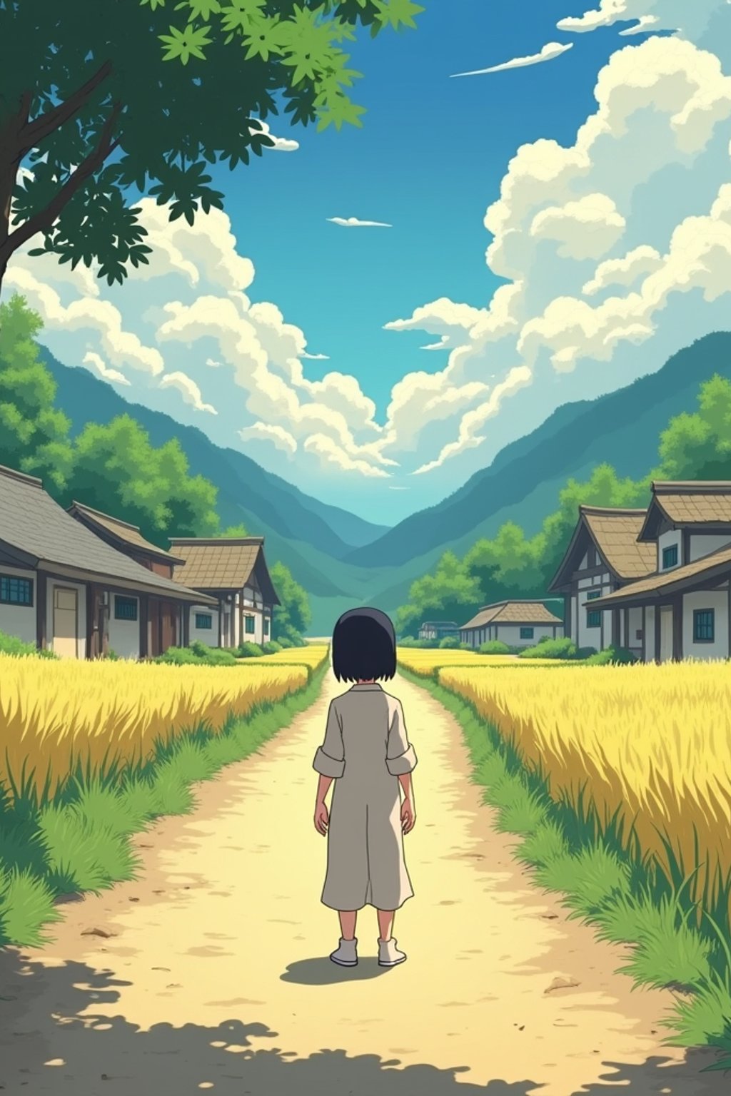 A serene line art anime-style scene in a Japanese countryside. The path winds between traditional wooden houses and rice fields, with fluffy white clouds drifting overhead. Magical dust spirits dance in the warm sunlight that filters through the trees. In the foreground, a gentle character stands thoughtfully, wearing  light countryside clothes with rolled-up sleeves. The character has a kind expression, watching the spirits play. The scene captures the peaceful magic of everyday life, painted in soft, warm colors typical of Studio line art anime.