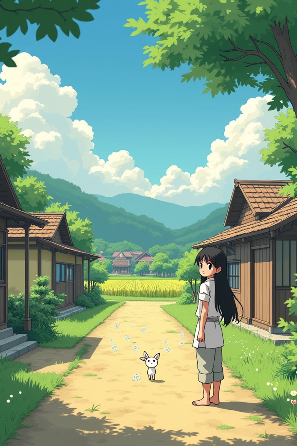 A serene line art anime-style scene in a Japanese countryside. The path winds between traditional wooden houses and rice fields, with fluffy white clouds drifting overhead. Magical dust spirits dance in the warm sunlight that filters through the trees. In the foreground, a gentle character stands thoughtfully, wearing  light countryside clothes with rolled-up sleeves. The character has a kind expression, watching the spirits play. The scene captures the peaceful magic of everyday life, painted in soft, warm colors typical of Studio line art anime.