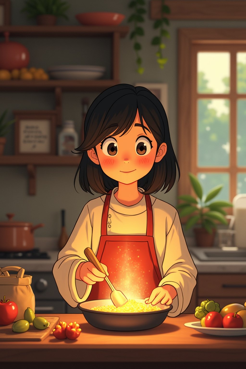 A heartwarming line art anime-inspired portrait in a cozy kitchen, wearing  comfortable home clothes, cooking magical food that glows and floats. The kitchen is filled with animated cooking tools and helpful spirits. The style is warm like a line art anime film.