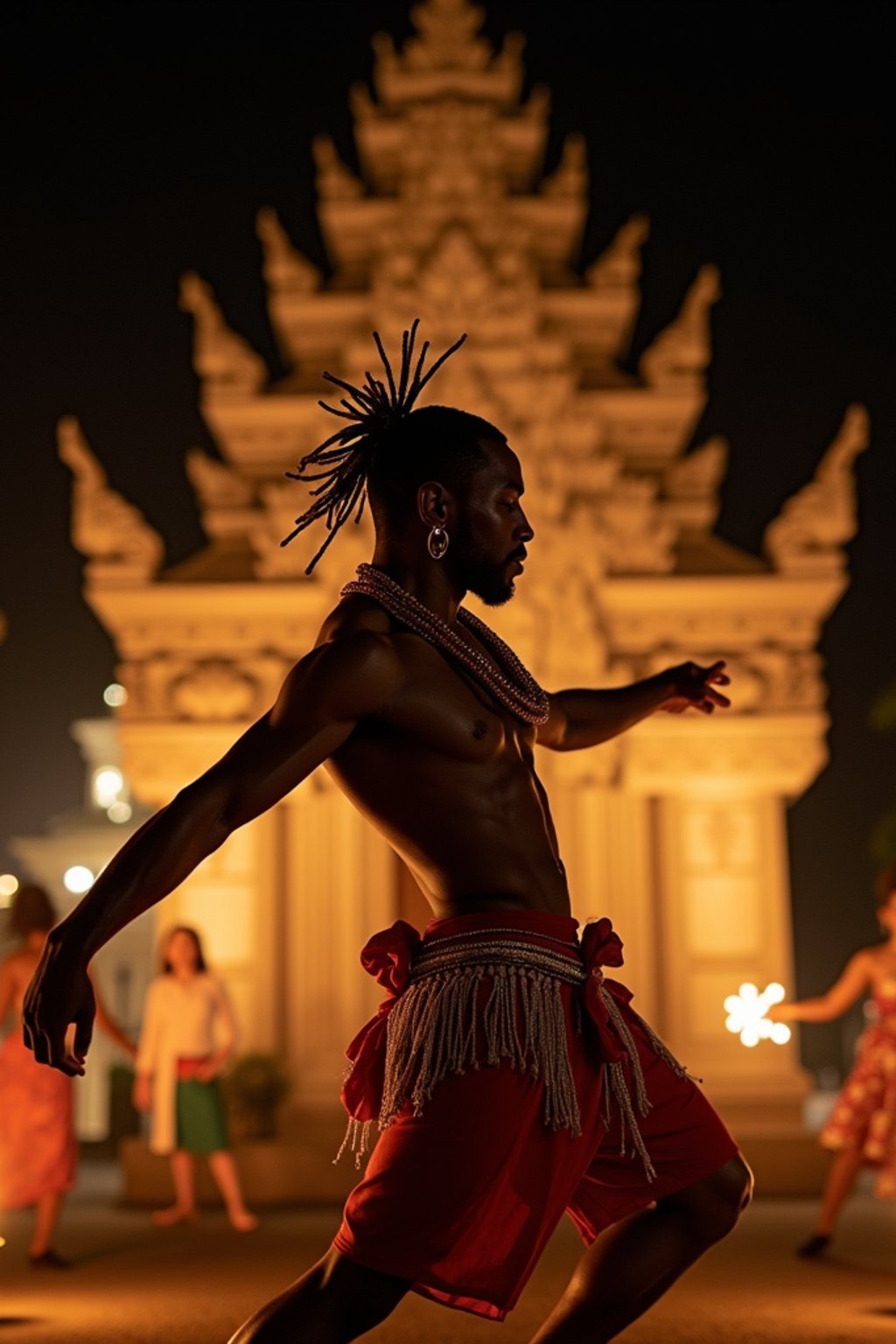 man in  resort evening attire at traditional Balinese dance performance, temple backdrop illuminated at night