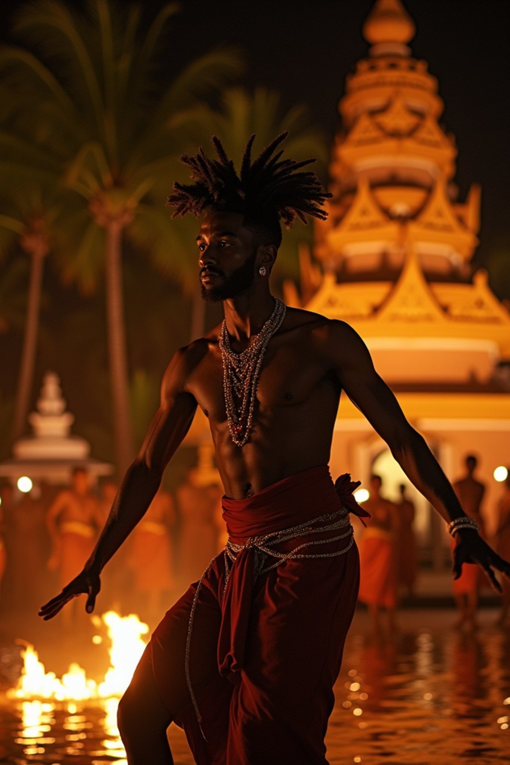 man in  resort evening attire at traditional Balinese dance performance, temple backdrop illuminated at night