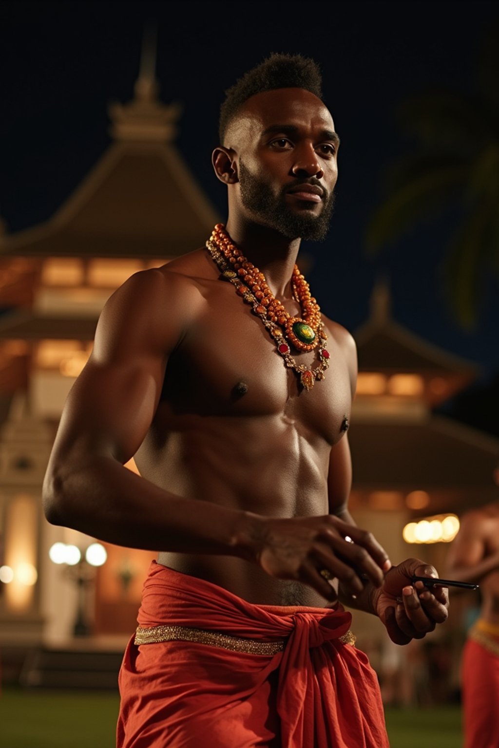 man in  resort evening attire at traditional Balinese dance performance, temple backdrop illuminated at night
