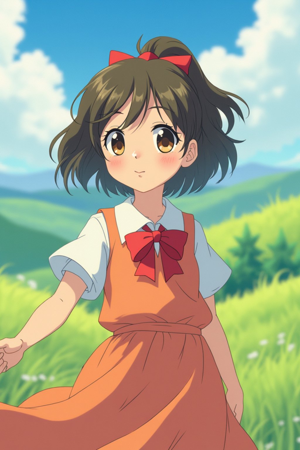 A line art anime-style anime portrait of a young adventurer, wearing a flowing dress with a red bow and gentle eyes . The background shows a peaceful countryside with rolling hills and fluffy clouds. The style is soft and whimsical like a line art anime film.