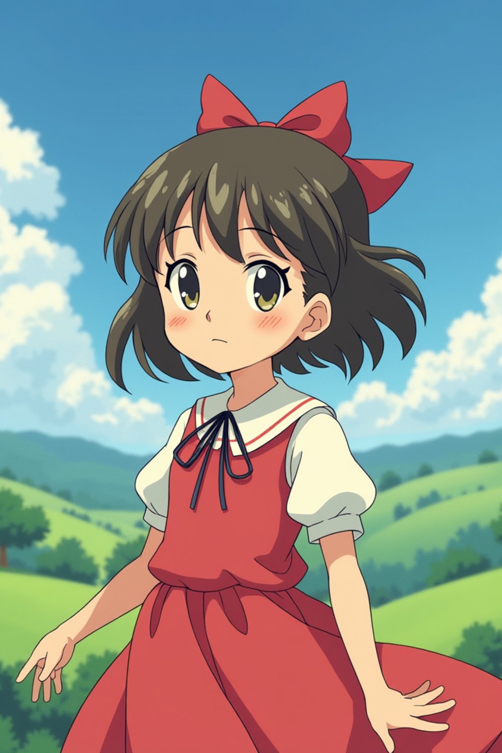 A line art anime-style anime portrait of a young adventurer, wearing a flowing dress with a red bow and gentle eyes . The background shows a peaceful countryside with rolling hills and fluffy clouds. The style is soft and whimsical like a line art anime film.