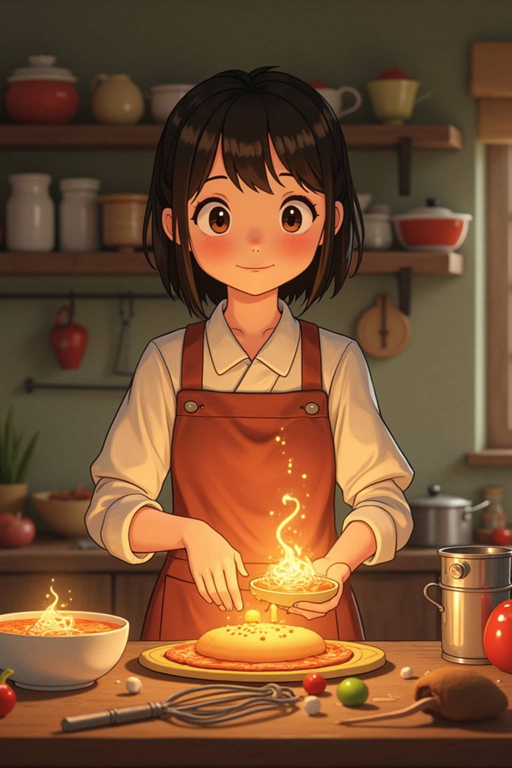 A heartwarming line art anime-inspired portrait in a cozy kitchen, wearing a homey dress with an apron , cooking magical food that glows and floats. The kitchen is filled with animated cooking tools and helpful spirits. The style is warm like a line art anime film.