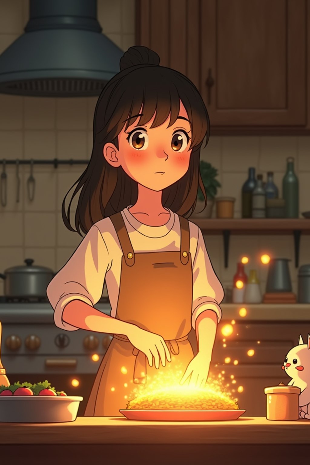 A heartwarming line art anime-inspired portrait in a cozy kitchen, wearing a homey dress with an apron , cooking magical food that glows and floats. The kitchen is filled with animated cooking tools and helpful spirits. The style is warm like a line art anime film.