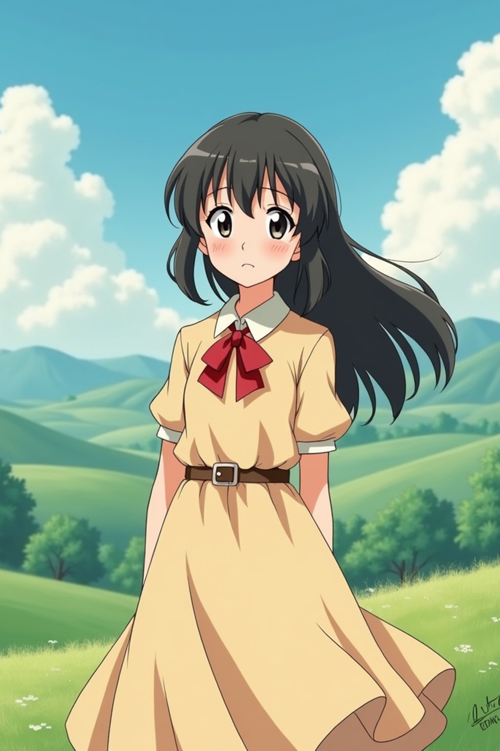 A line art anime-style anime portrait of a young adventurer, wearing a flowing dress with a red bow and gentle eyes . The background shows a peaceful countryside with rolling hills and fluffy clouds. The style is soft and whimsical like a line art anime film.