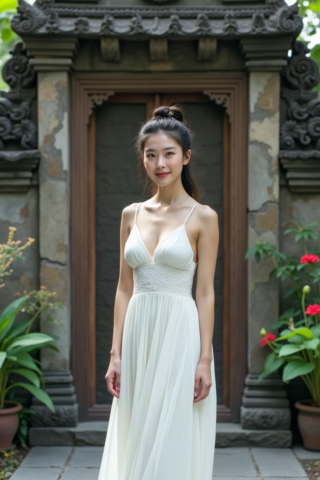 woman in flowy white dress  standing in front of traditional Balinese temple gate with intricate stone carvings, lush tropical plants and flowers in background