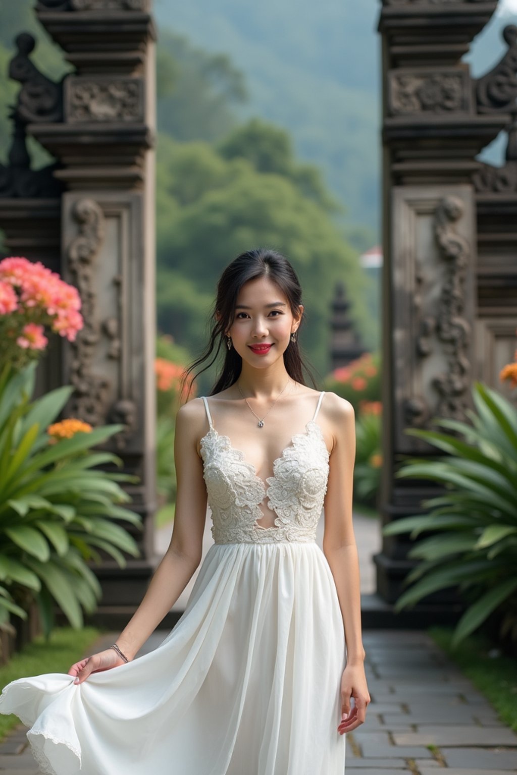 woman in flowy white dress  standing in front of traditional Balinese temple gate with intricate stone carvings, lush tropical plants and flowers in background