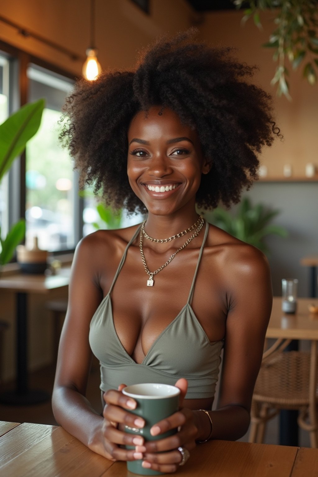 woman in chic cafe outfit  at trendy Canggu cafe with tropical minimalist decor